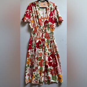 Zara Floral Smocked Waist Midi Dress Button Front XL